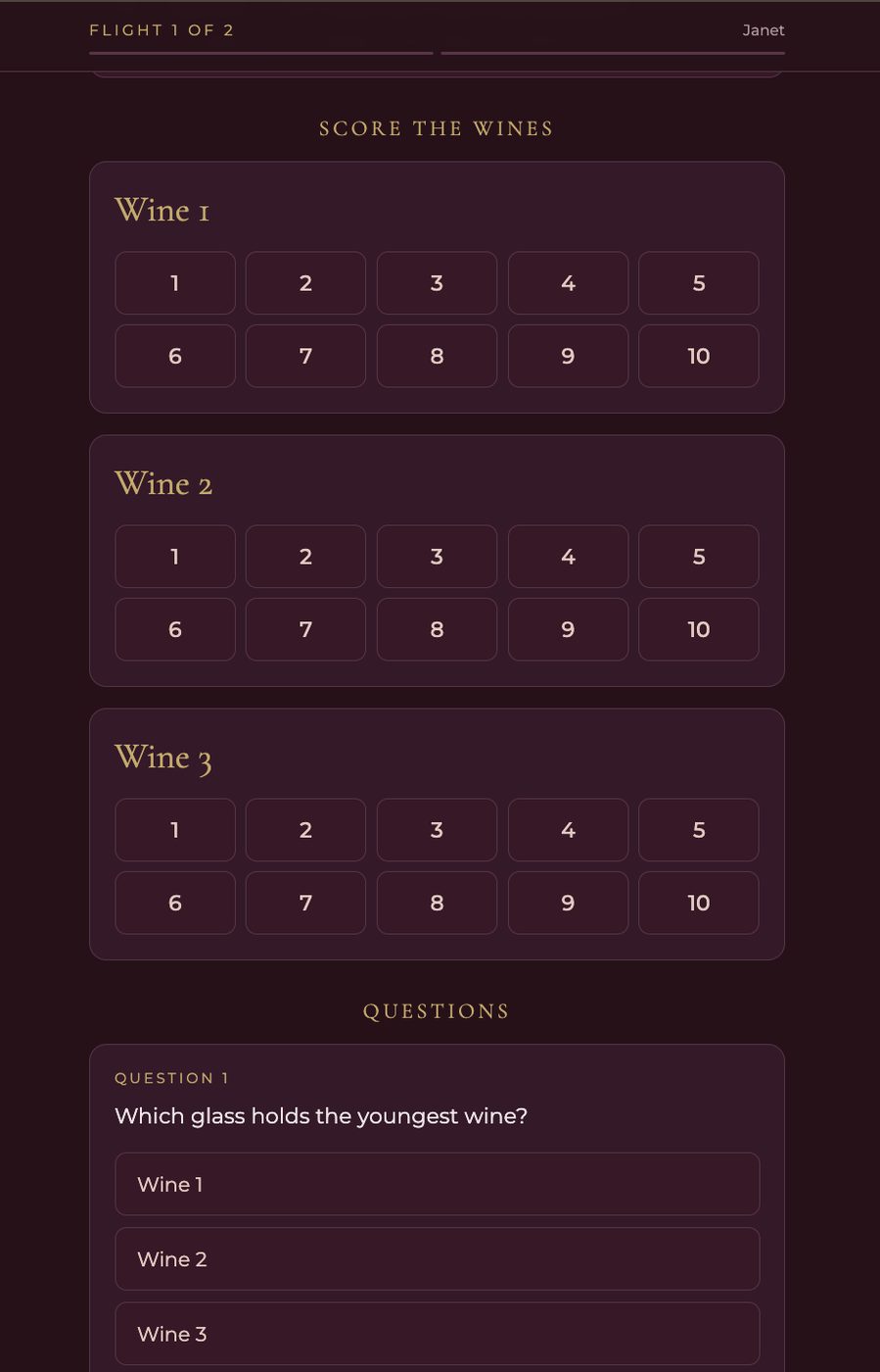 Scoring screen with a flight of three wines and quiz questions