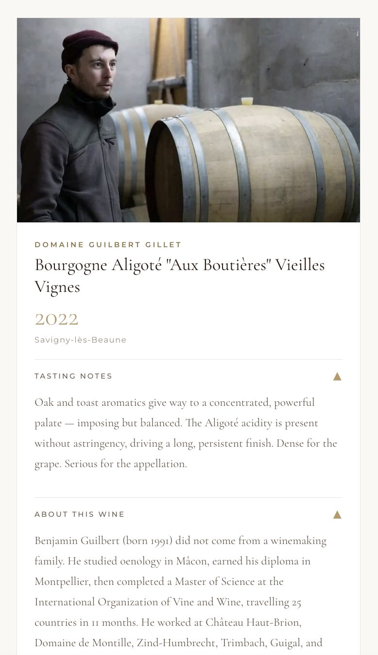 Wine detail page with tasting notes and producer background