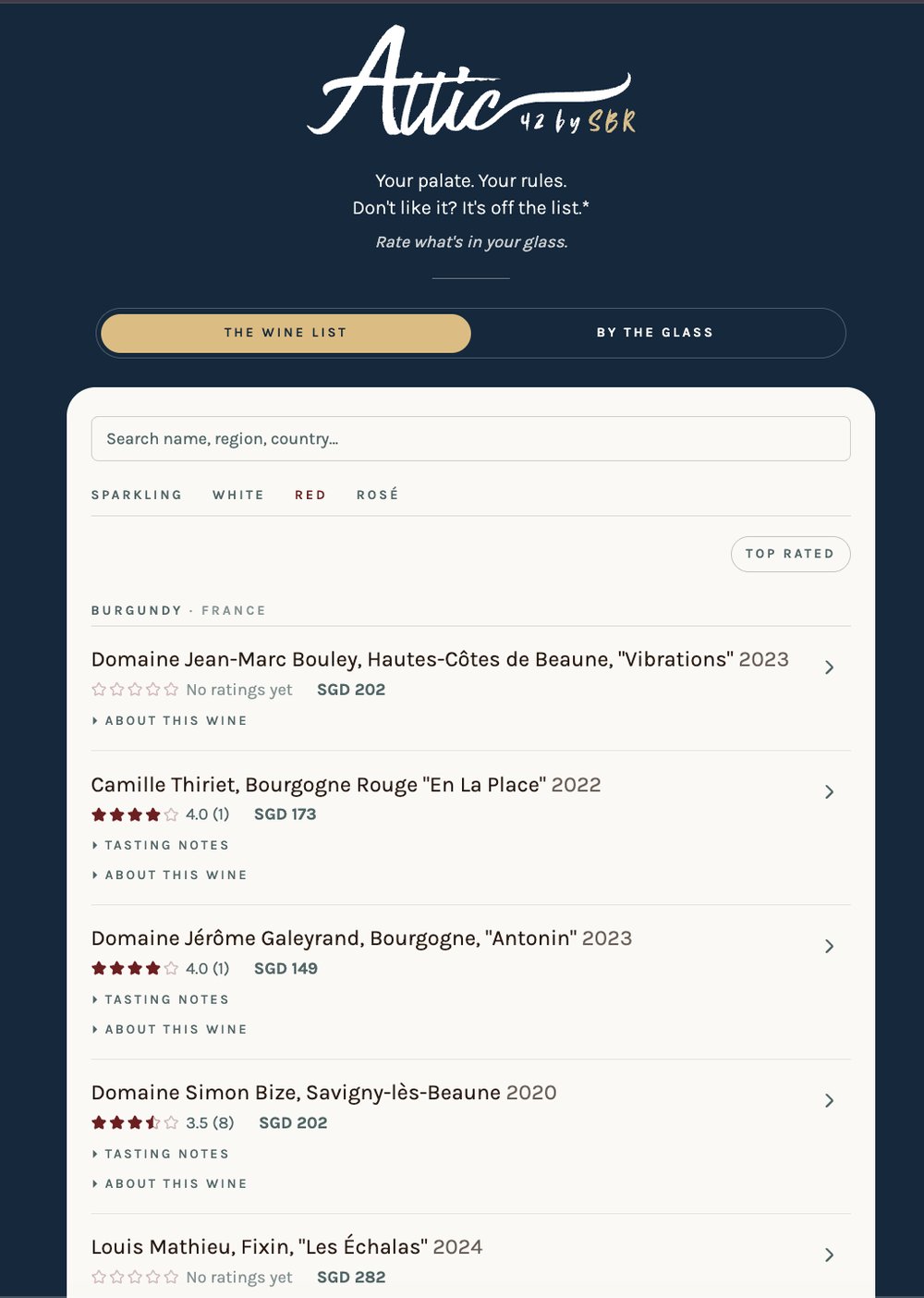 Guest-facing wine list on a phone